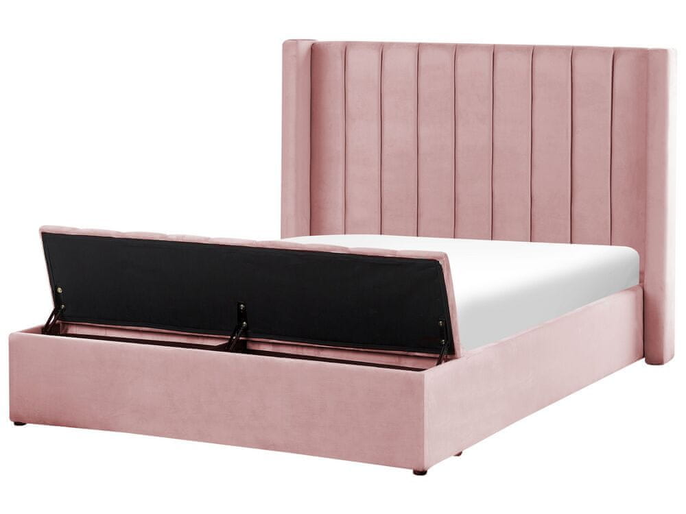 Beliani Zamatová posteľ s úložným priestorom 140 x 200 cm ružová NOYERS